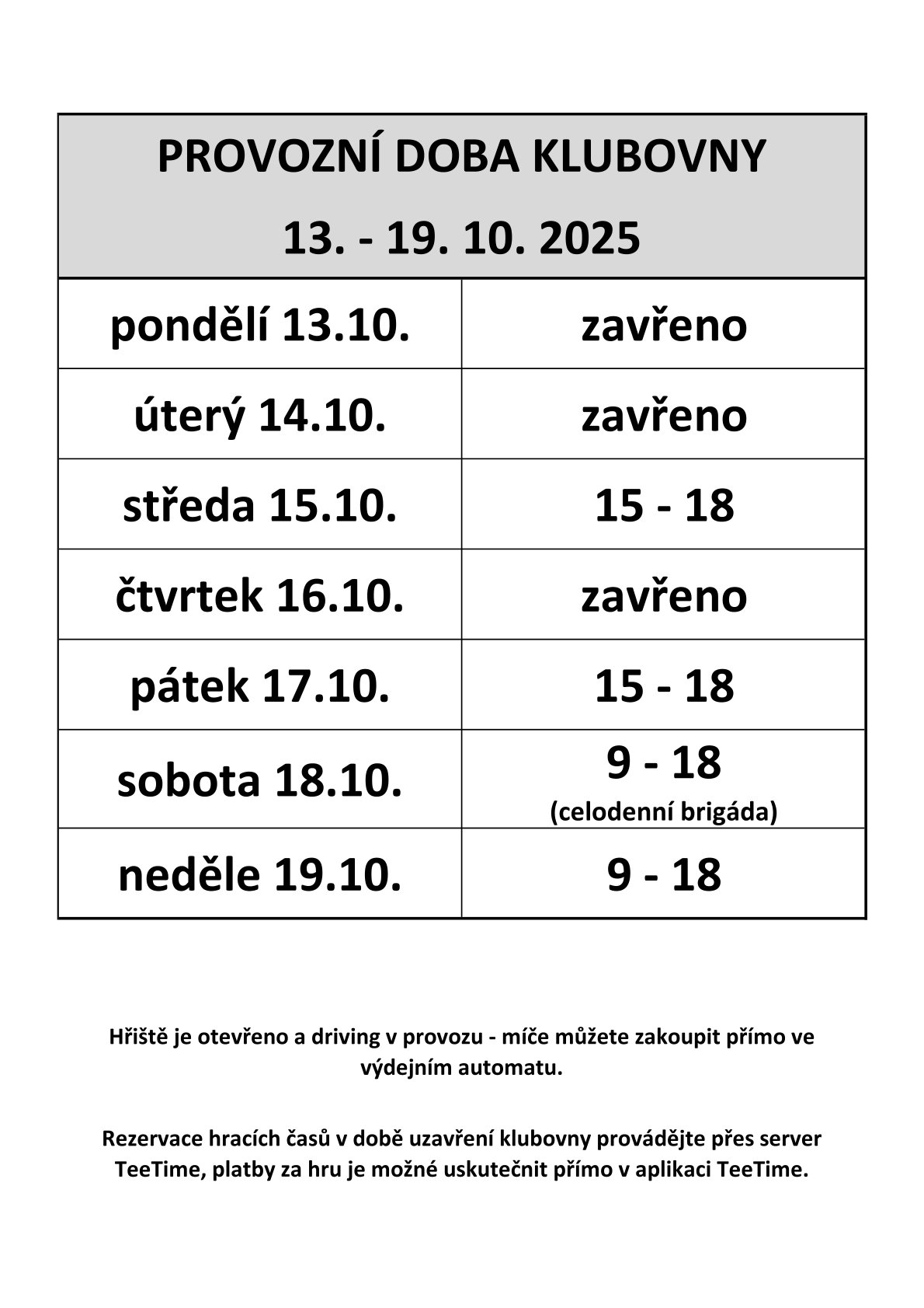 Provozní doba klubovny 42. týden