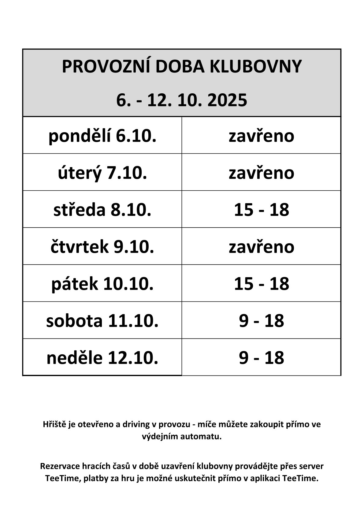 Provozní doba klubovny 41. týden