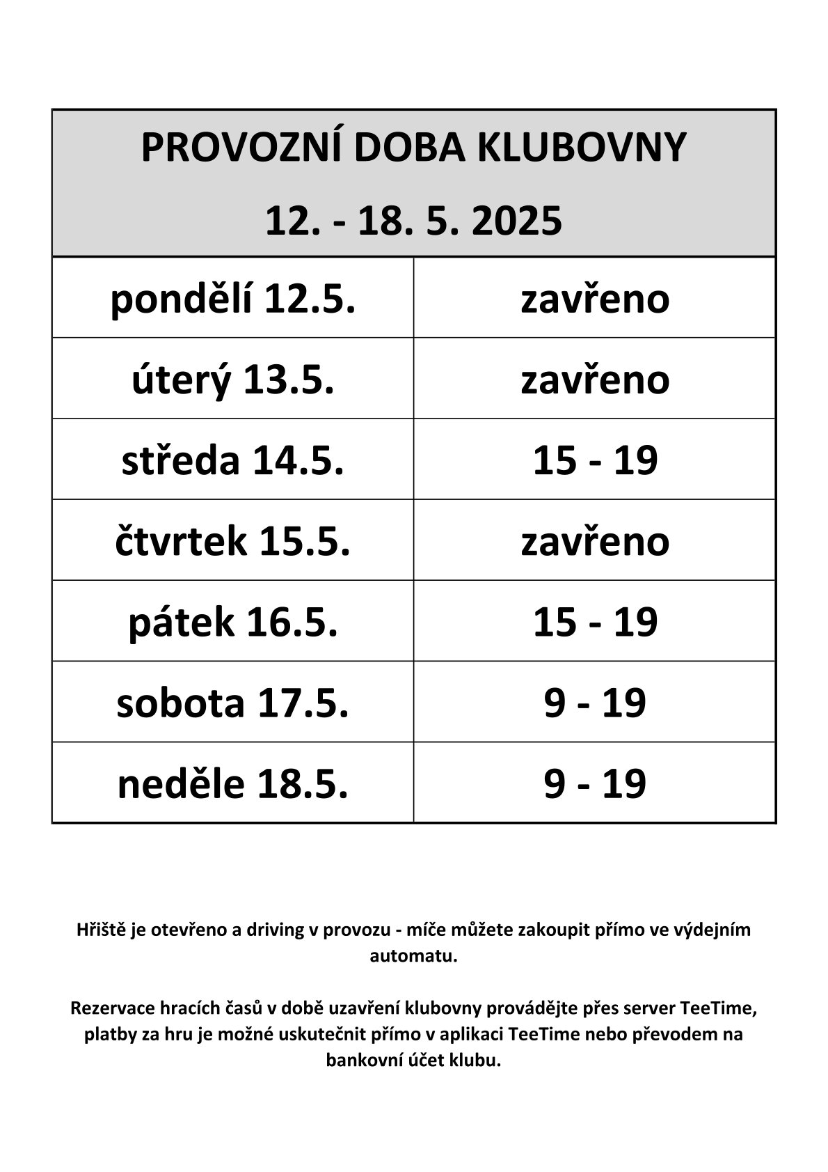 Provozní doba 20. týden