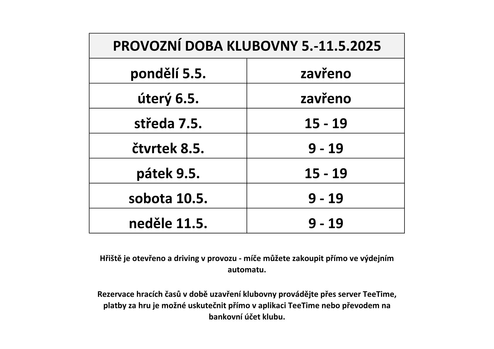 Provozní doba 19. týden