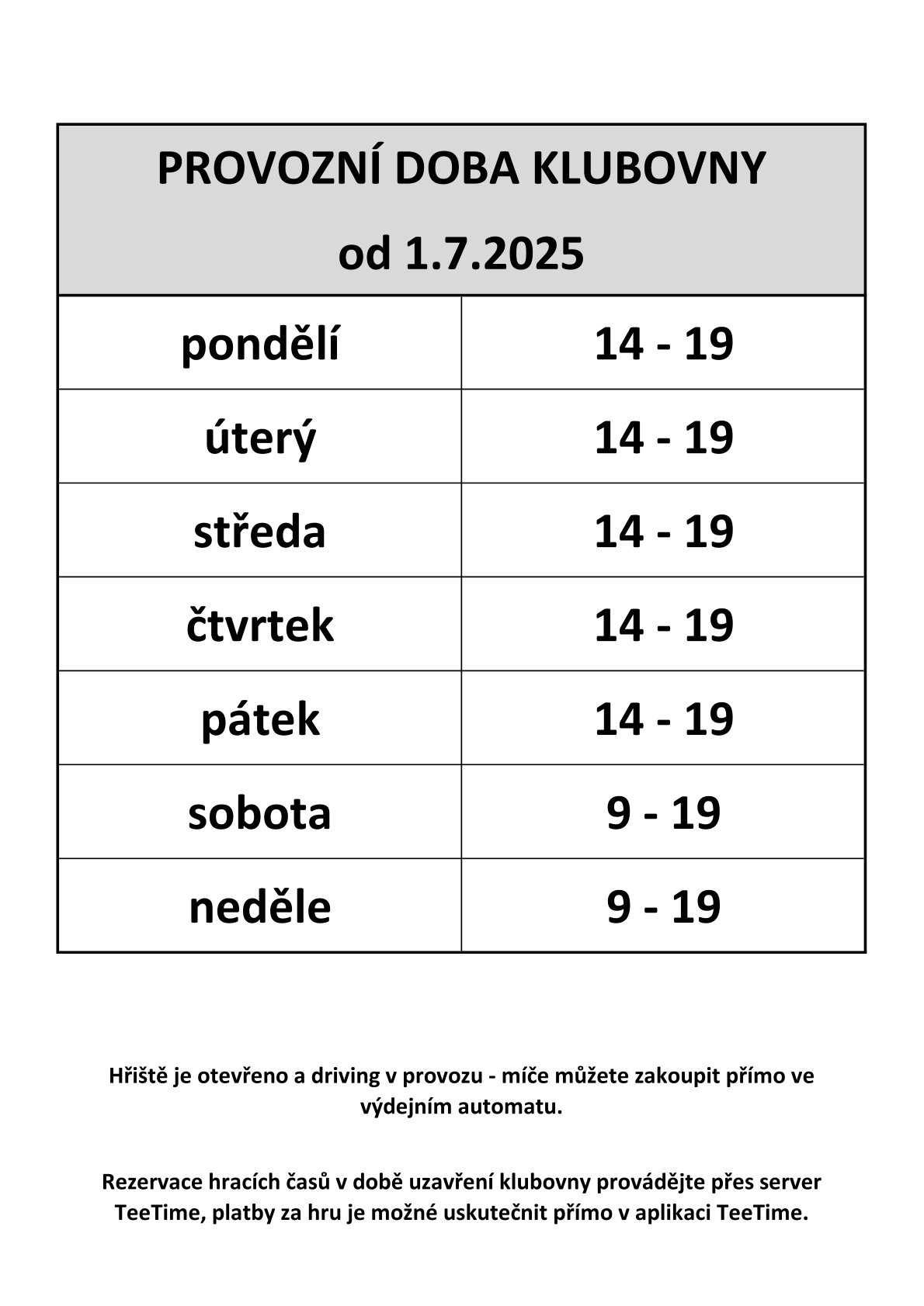 Provozní doba klubovny od 1.7.2025